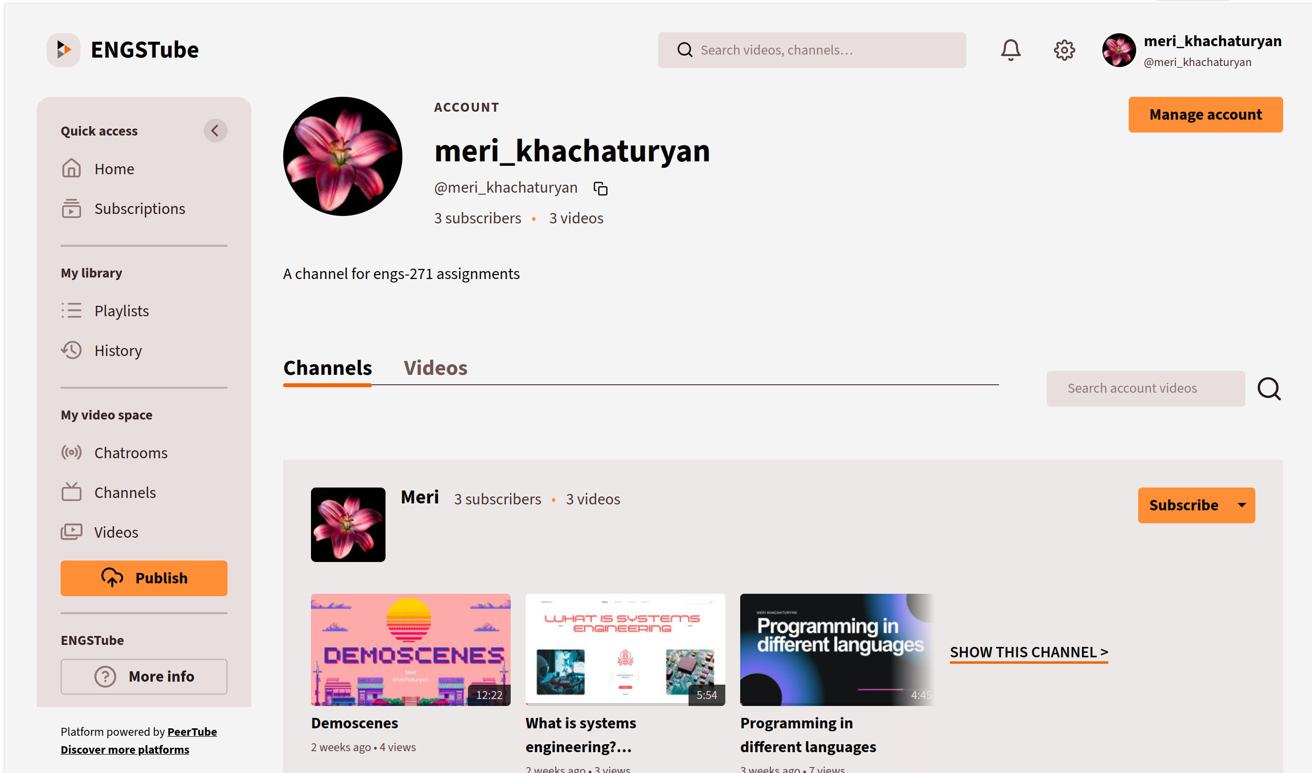Peertube Account Screenshot