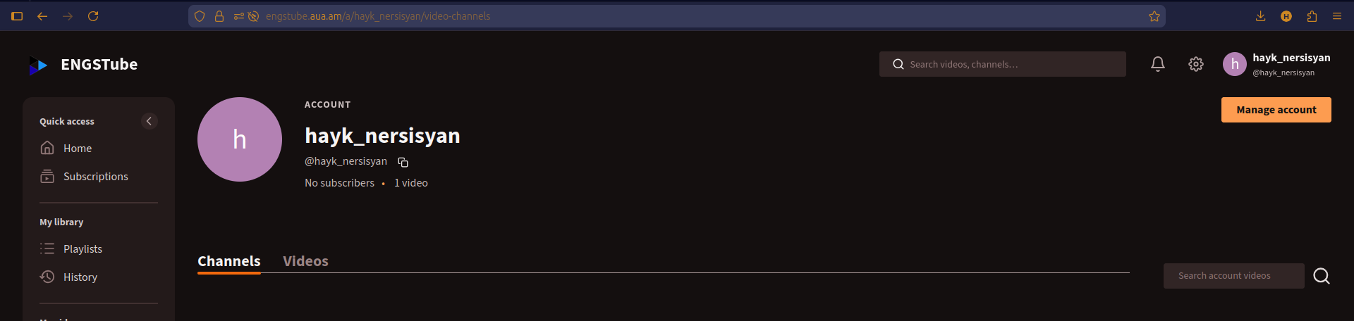 Peertube account screenshot - ENGSTube